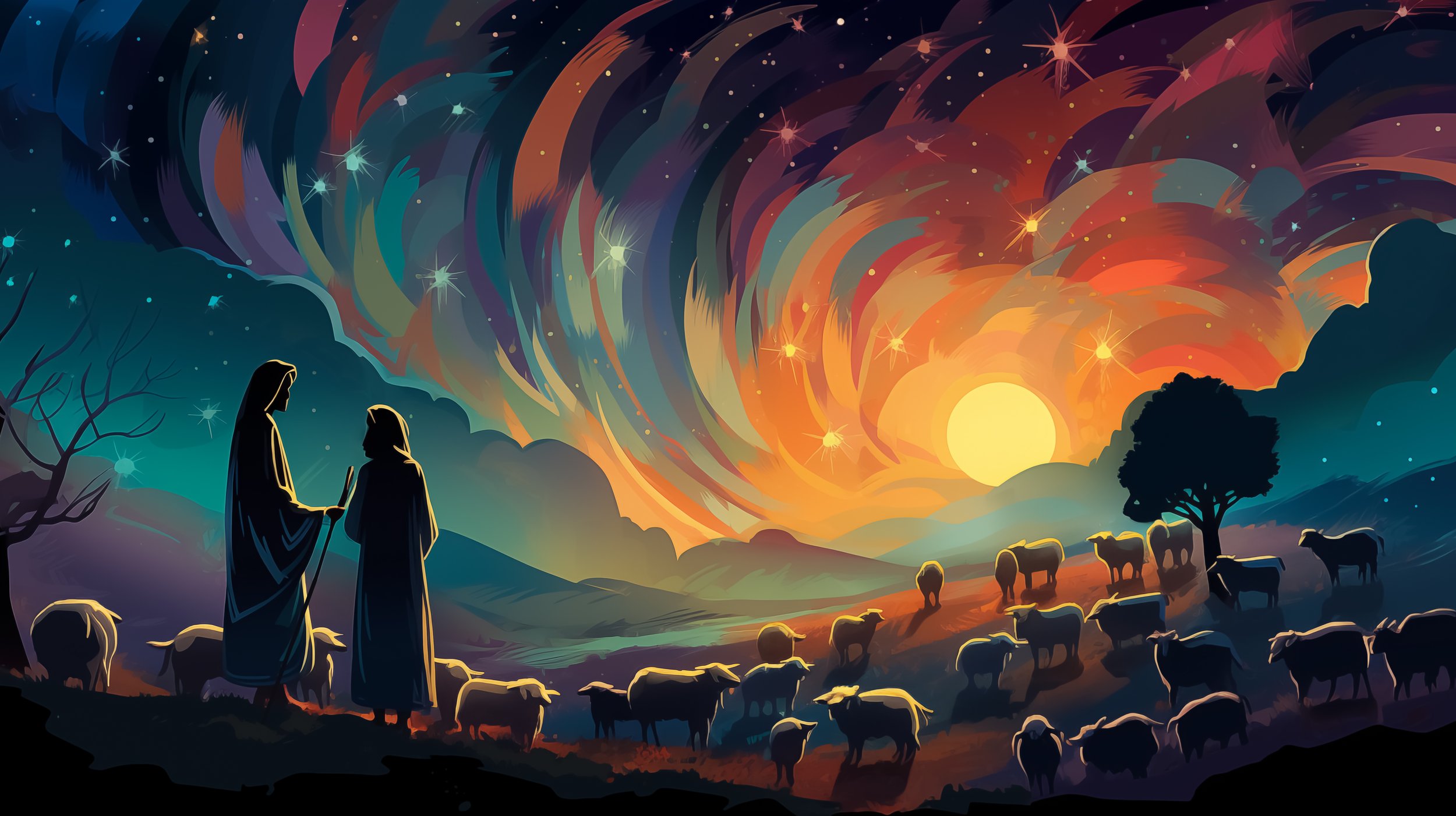 Shepherds in the field looking at the sky. Nativity of Jesus. Christmas concept.